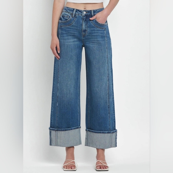 Denim - SUPER HIGH RISE CUFF BAGGY WIDE JEANS
